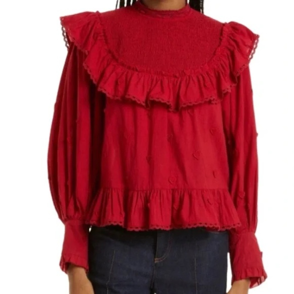 Farm Rio x Anthropologie Red Hearts Appliqué Bib Blouse Shirt Top sz S